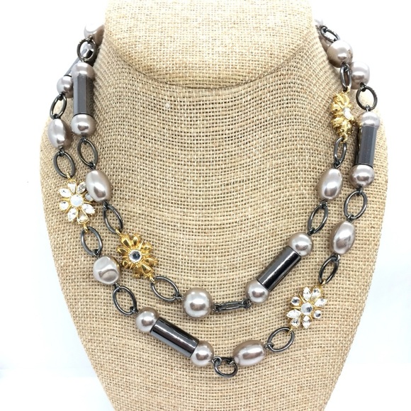 LIA SOPHIA LONG NECKLACE WITH GOLD RHINESTONE PEARL STATIONS GUNMETAL 36” LONG - Picture 1 of 12